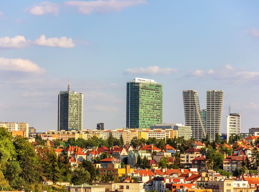 Prague skyline with skyscrapers and oild buildings