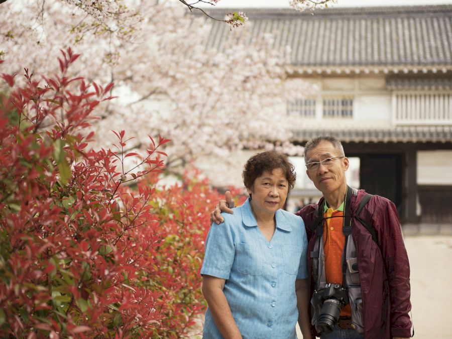 Portrait of elder couple elder asian man and woman in Japanese g