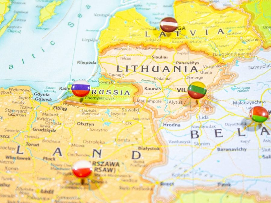 Close-up view of Baltic States on a geographical globe, Map shows capitals countries Latvia -Riga, Lithuania - Vilnus, Estonia -Tallin Poland -Krakow