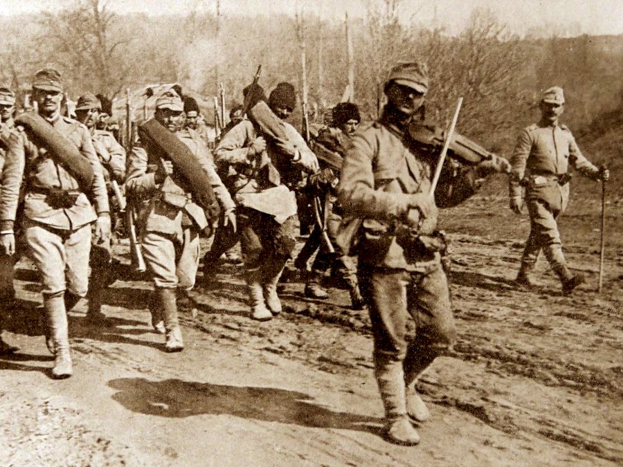 Rumanian soldiers march to war.