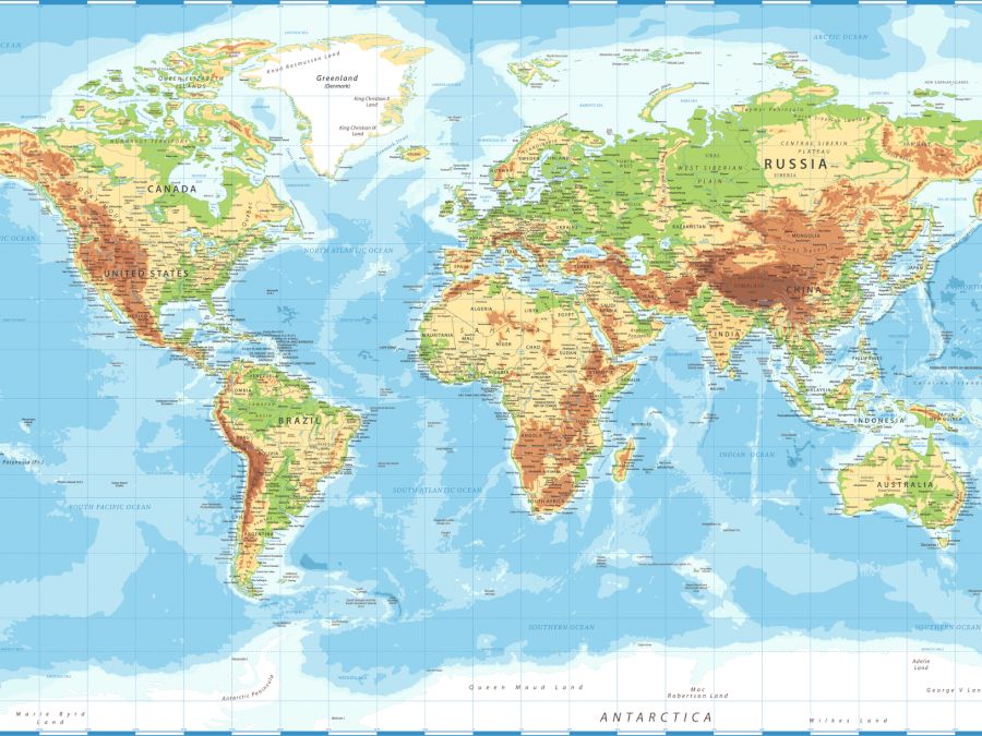 World Map - Physical Topographic - Vector Detailed Illustration