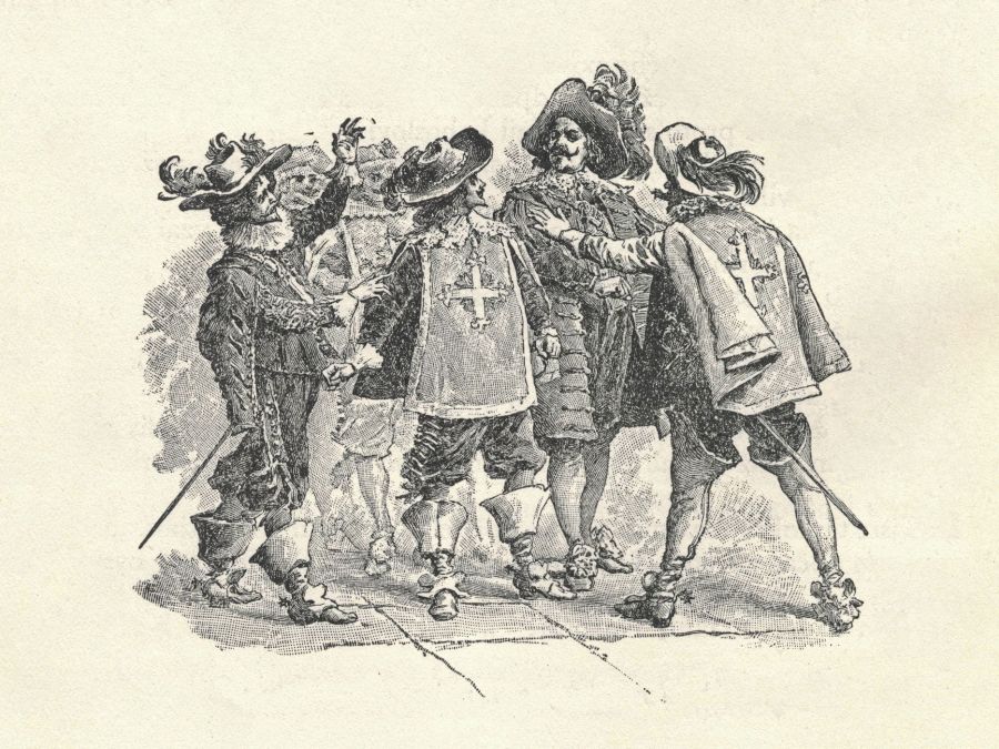 THREE MUSKETEERS. D'Artagnan, Athos, Aramis, and Porthos. Illustration from a late 19th century edition, by Alexander Dumas pere. Illustration by Maurice Leloir