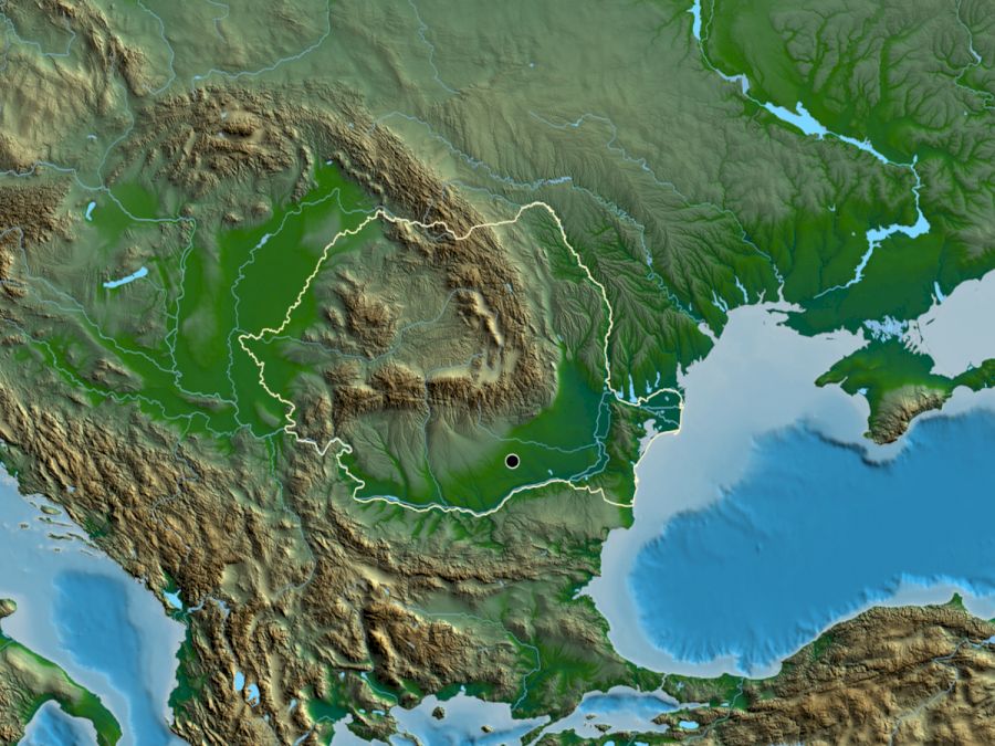 Close-up of the Romania border area on a physical map. Capital point. Outline around the country shape.